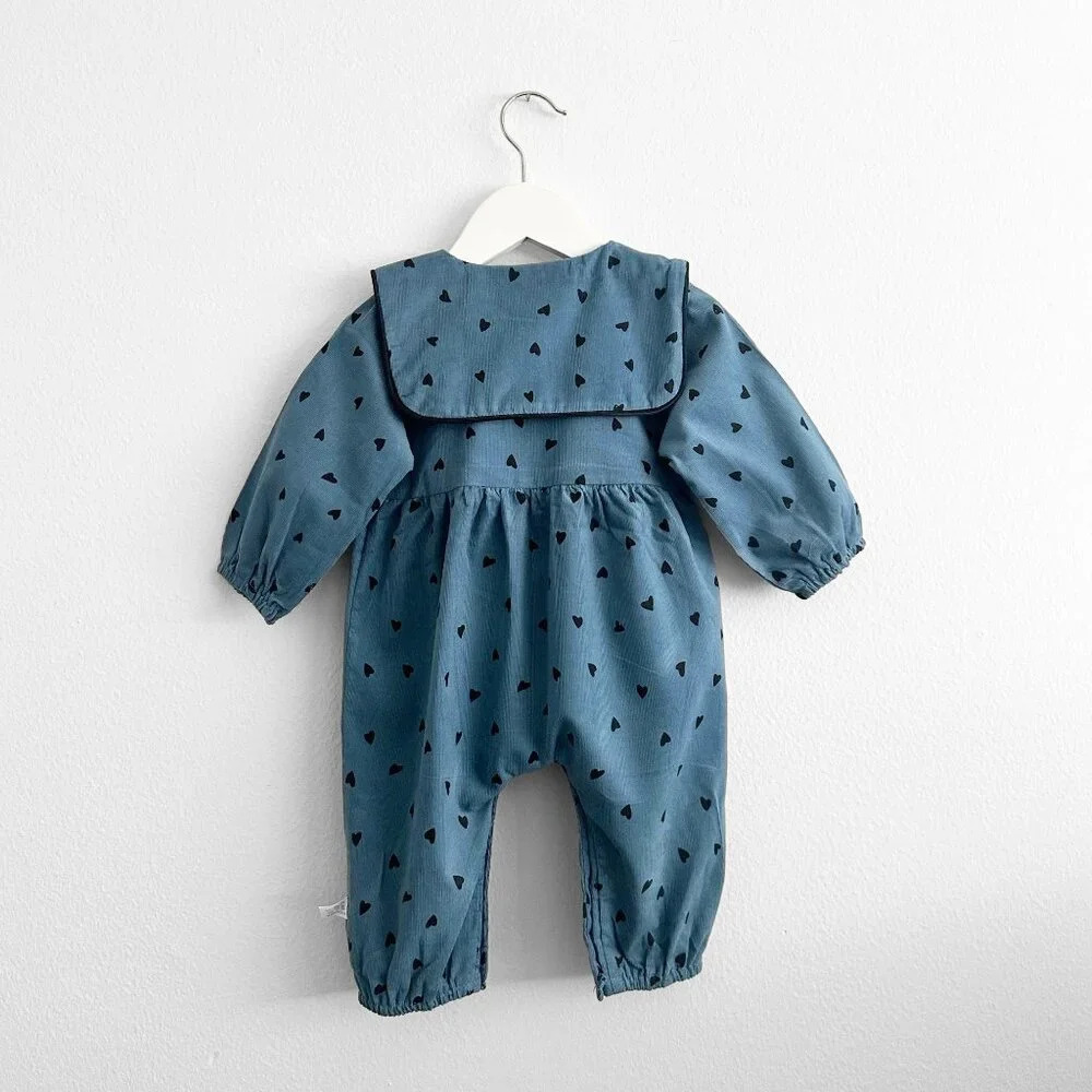 NWT Pretty Girls Long Sleeve One-Piece Romper Corduroy Blue /Black Hearts 9-12M - Picture 3 of 6